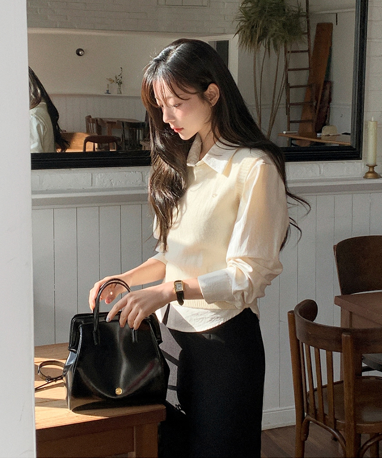 (シャツ+ニットベストSET♥) メルボルン ペンダント シャツ 無地 ニットベスト セット CREAM