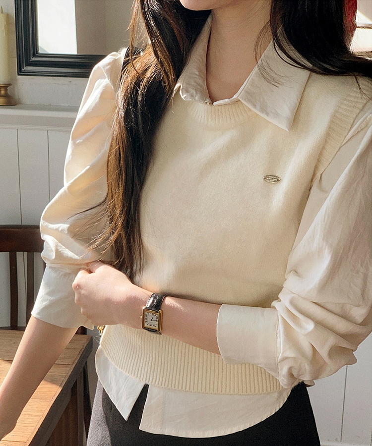 (シャツ+ニットベストSET♥) メルボルン ペンダント シャツ 無地 ニットベスト セット CREAM