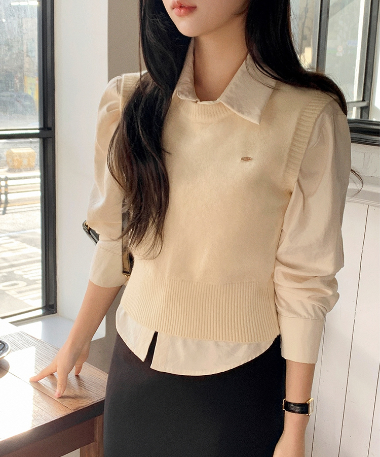 (シャツ+ニットベストSET♥) メルボルン ペンダント シャツ 無地 ニットベスト セット CREAM