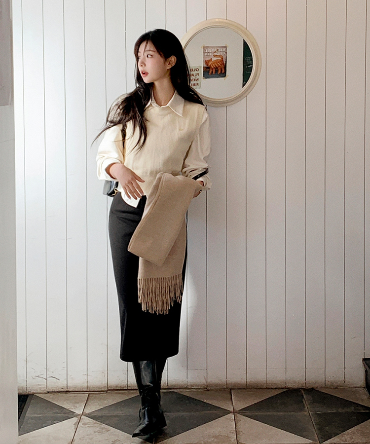 (シャツ+ニットベストSET♥) メルボルン ペンダント シャツ 無地 ニットベスト セット CREAM