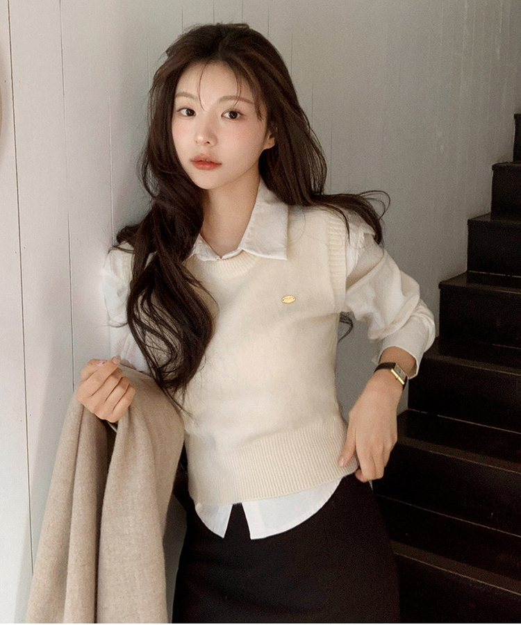 (シャツ+ニットベストSET♥) メルボルン ペンダント シャツ 無地 ニットベスト セット CREAM