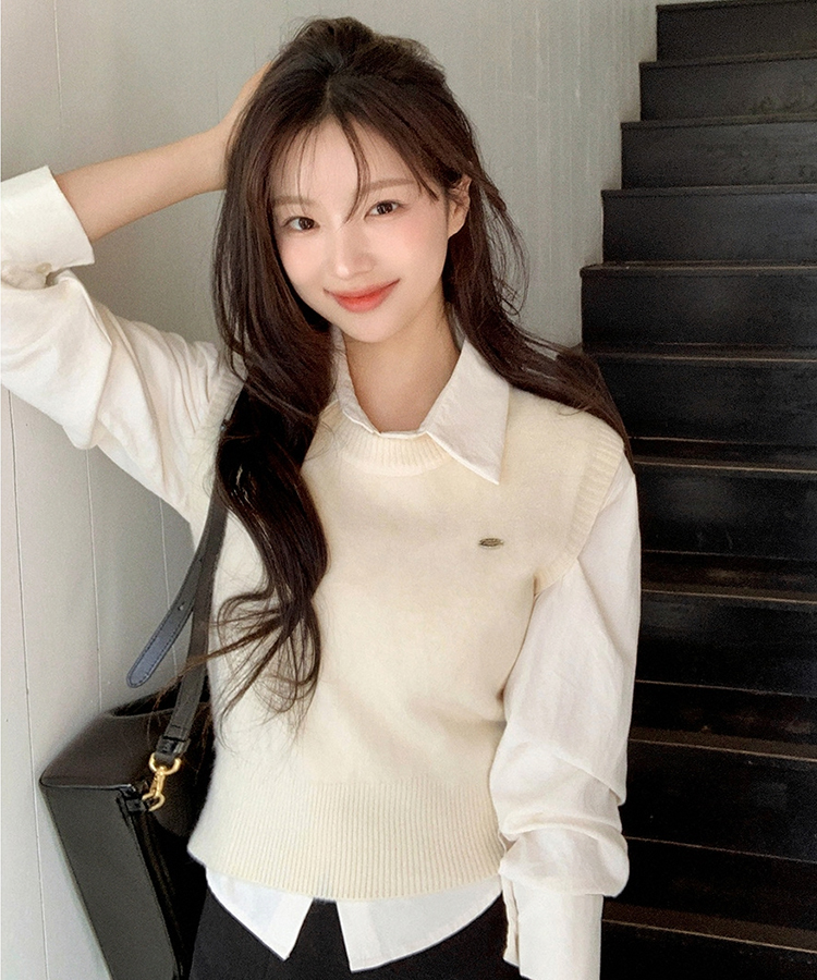 (シャツ+ニットベストSET♥) メルボルン ペンダント シャツ 無地 ニットベスト セット CREAM