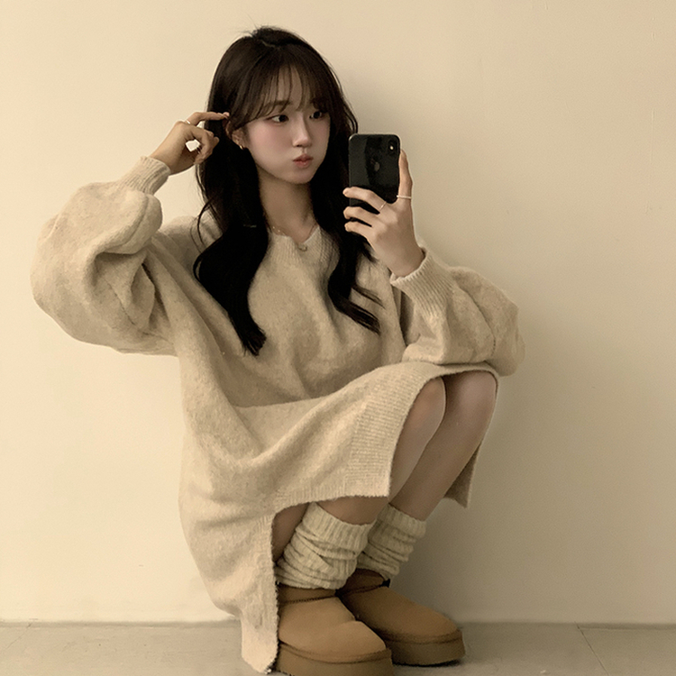 원피스로도 활용 가능한 봄봄 라운드 오버핏 긴팔 니트 울 소매 벌룬 데일리 루즈핏 원피스 4color 오트밀