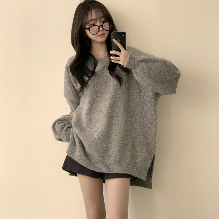 원피스로도 활용 가능한 봄봄 라운드 오버핏 긴팔 니트 울 소매 벌룬 데일리 루즈핏 원피스 4color 그레이