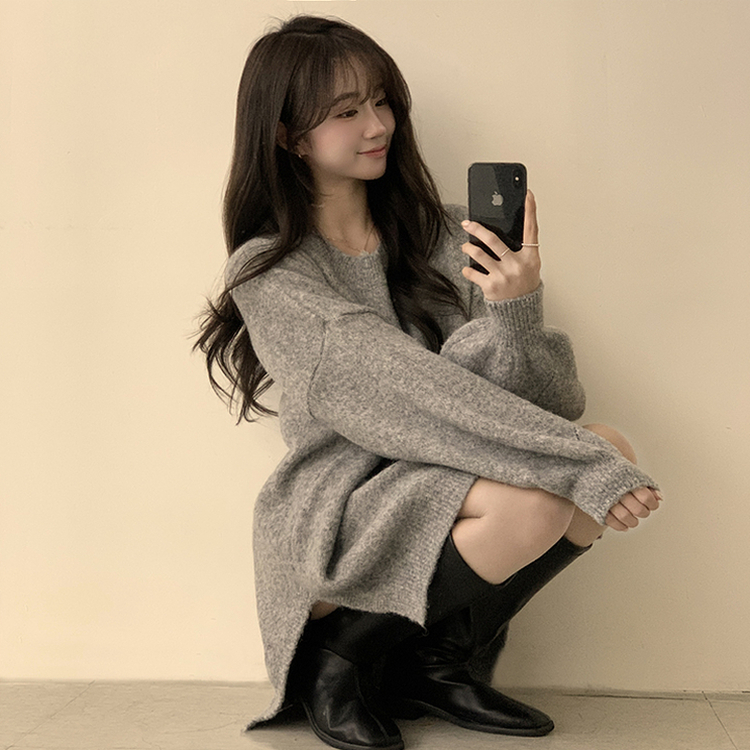 원피스로도 활용 가능한 봄봄 라운드 오버핏 긴팔 니트 울 소매 벌룬 데일리 루즈핏 원피스 4color 그레이