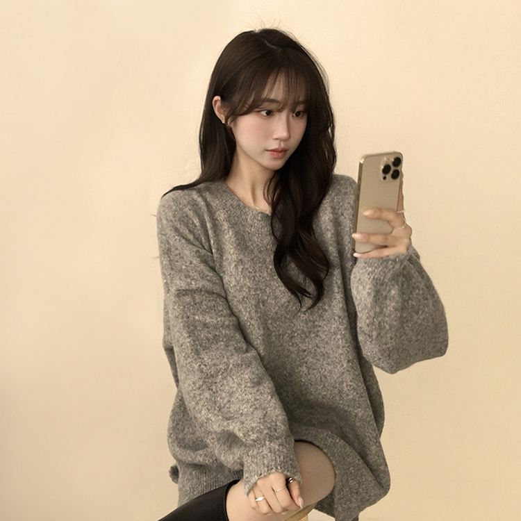 원피스로도 활용 가능한 봄봄 라운드 오버핏 긴팔 니트 울 소매 벌룬 데일리 루즈핏 원피스 4color 그레이