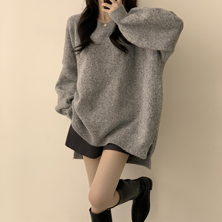 원피스로도 활용 가능한 봄봄 라운드 오버핏 긴팔 니트 울 소매 벌룬 데일리 루즈핏 원피스 4color 그레이