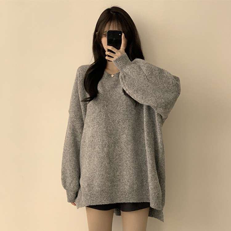 원피스로도 활용 가능한 봄봄 라운드 오버핏 긴팔 니트 울 소매 벌룬 데일리 루즈핏 원피스 4color 그레이