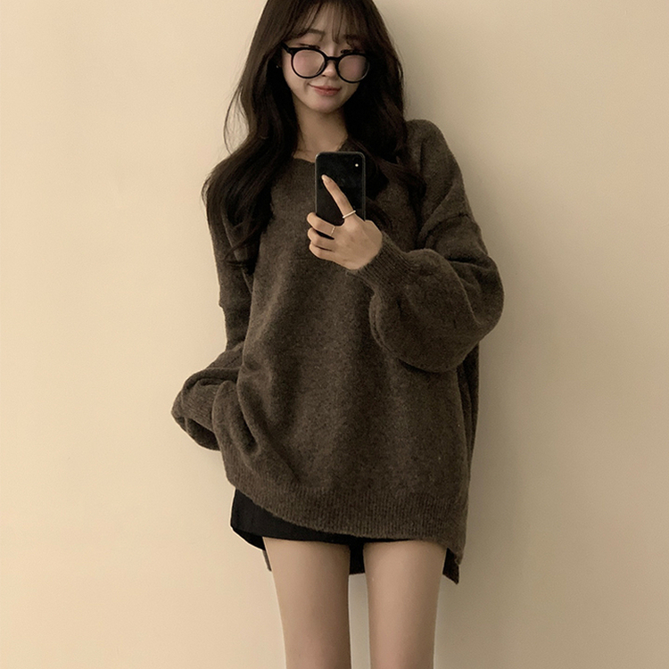 원피스로도 활용 가능한 봄봄 라운드 오버핏 긴팔 니트 울 소매 벌룬 데일리 루즈핏 원피스 4color 밤색