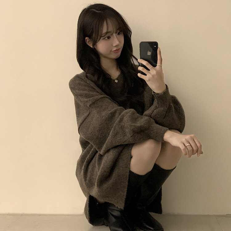 원피스로도 활용 가능한 봄봄 라운드 오버핏 긴팔 니트 울 소매 벌룬 데일리 루즈핏 원피스 4color 밤색