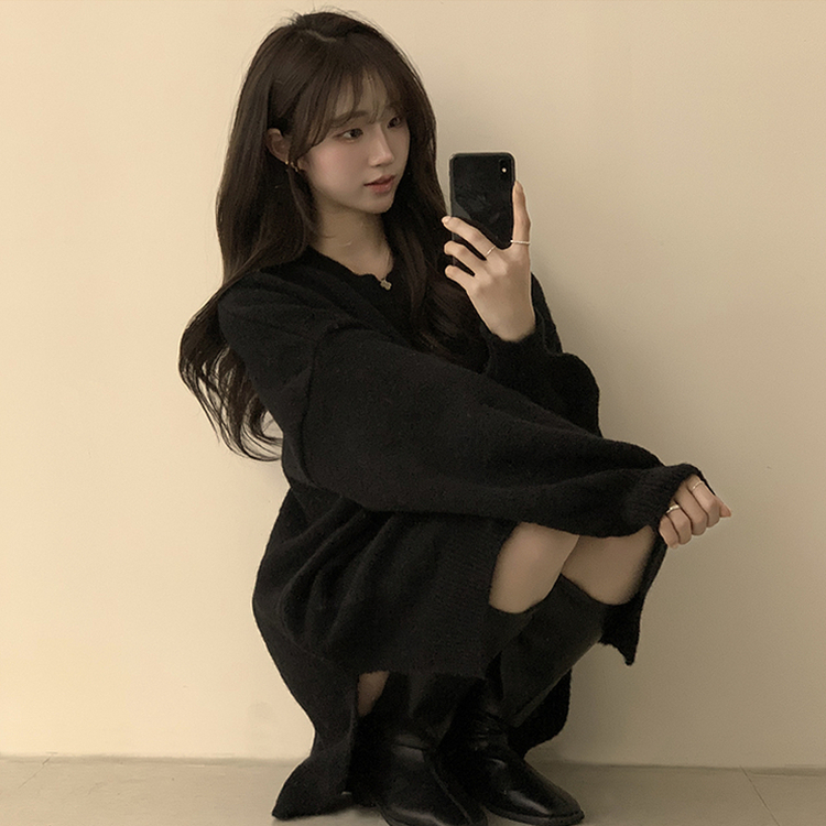 원피스로도 활용 가능한 봄봄 라운드 오버핏 긴팔 니트 울 소매 벌룬 데일리 루즈핏 원피스 4color 블랙
