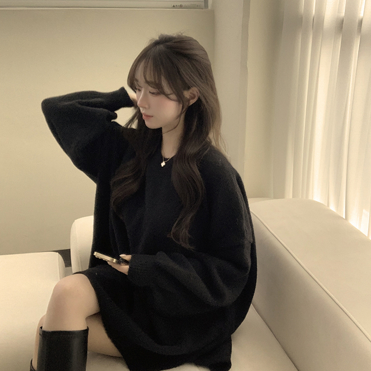 원피스로도 활용 가능한 봄봄 라운드 오버핏 긴팔 니트 울 소매 벌룬 데일리 루즈핏 원피스 4color 블랙