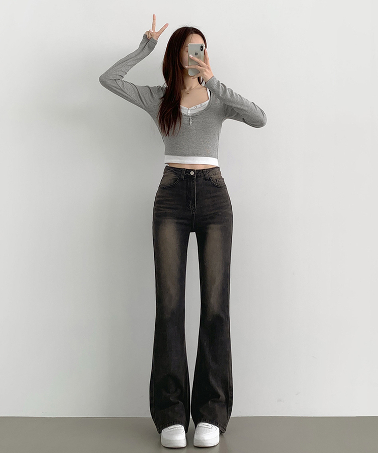 【丈別】スパンストレートブーツカットデニムパンツ(5color) DARK BROWN