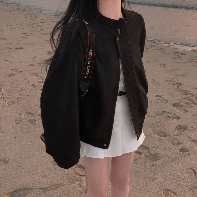 모던 바이커 스웨이드 아방 블루종 오버핏 자켓 블랙