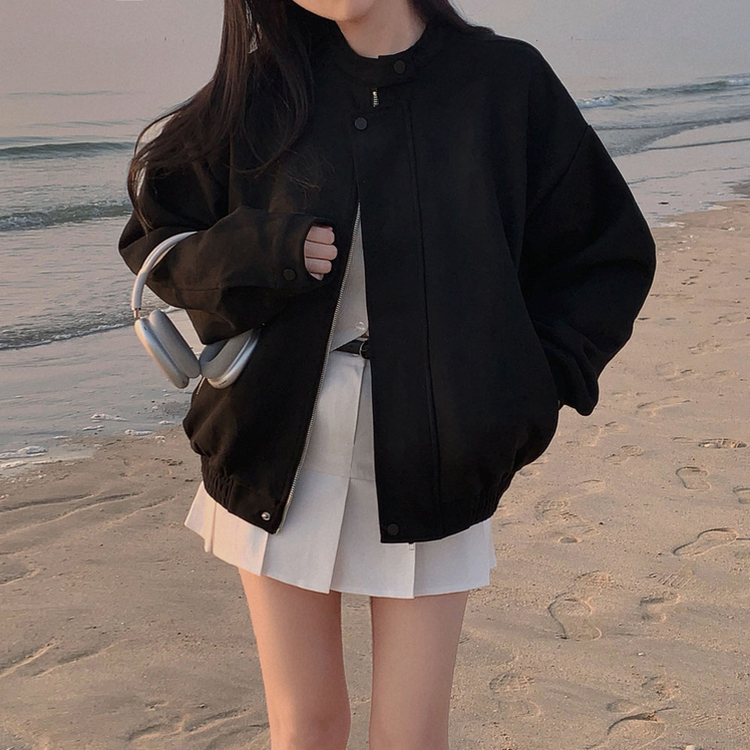 모던 바이커 스웨이드 아방 블루종 오버핏 자켓 블랙