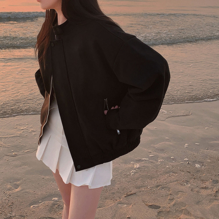 모던 바이커 스웨이드 아방 블루종 오버핏 자켓 블랙