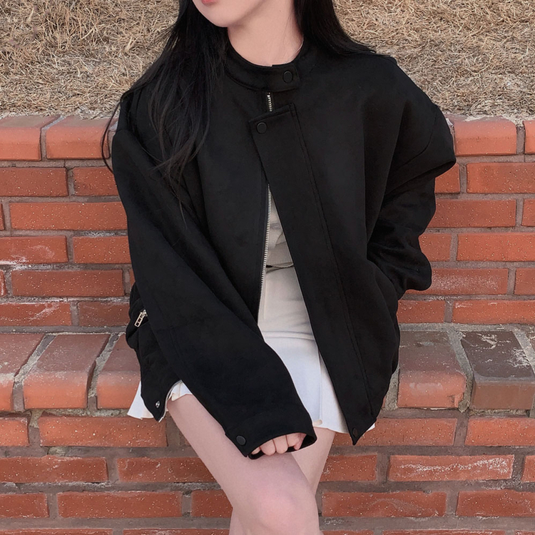 모던 바이커 스웨이드 아방 블루종 오버핏 자켓 블랙