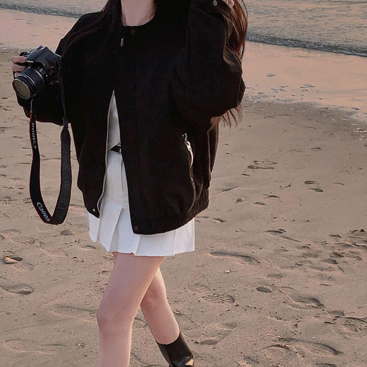 모던 바이커 스웨이드 아방 블루종 오버핏 자켓 블랙