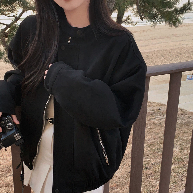 모던 바이커 스웨이드 아방 블루종 오버핏 자켓 블랙