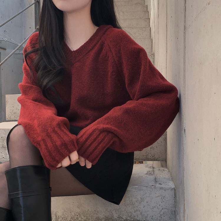 제니 브이넥 레이어드 루즈핏 나그랑 니트 와인