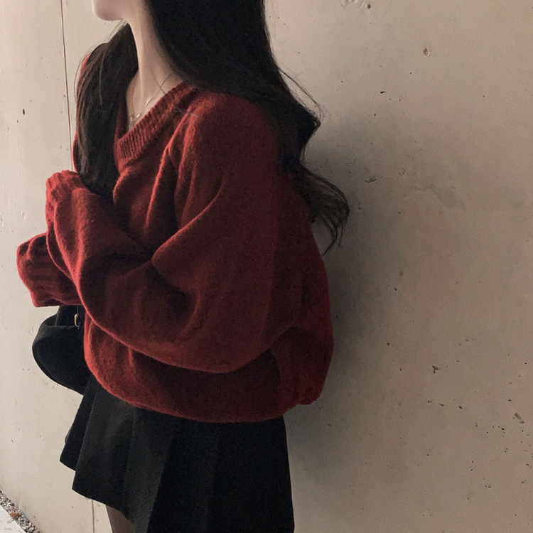 제니 브이넥 레이어드 루즈핏 나그랑 니트 와인