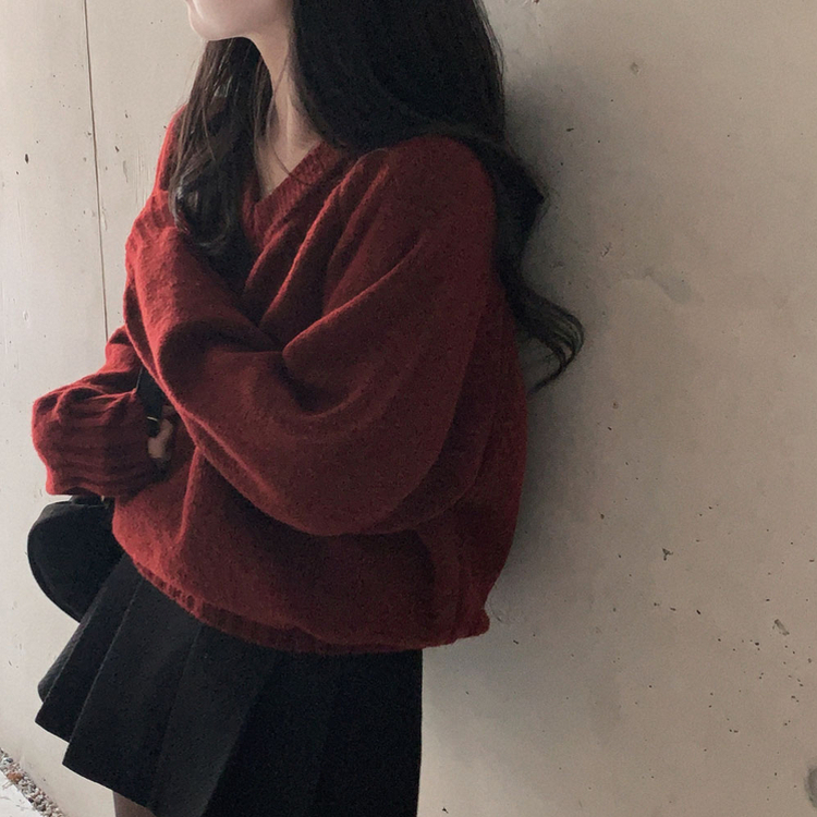 제니 브이넥 레이어드 루즈핏 나그랑 니트 와인