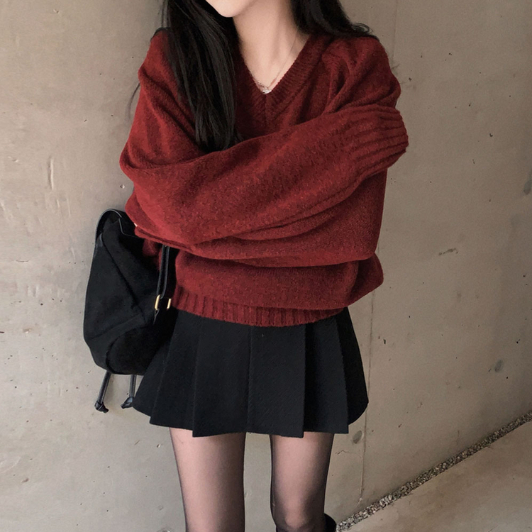 제니 브이넥 레이어드 루즈핏 나그랑 니트 와인