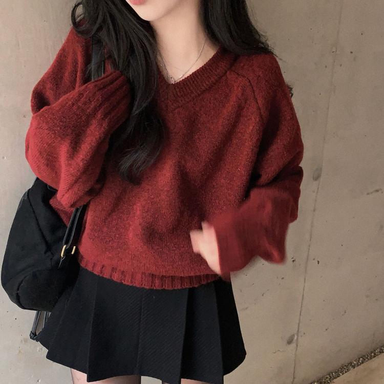 제니 브이넥 레이어드 루즈핏 나그랑 니트 와인