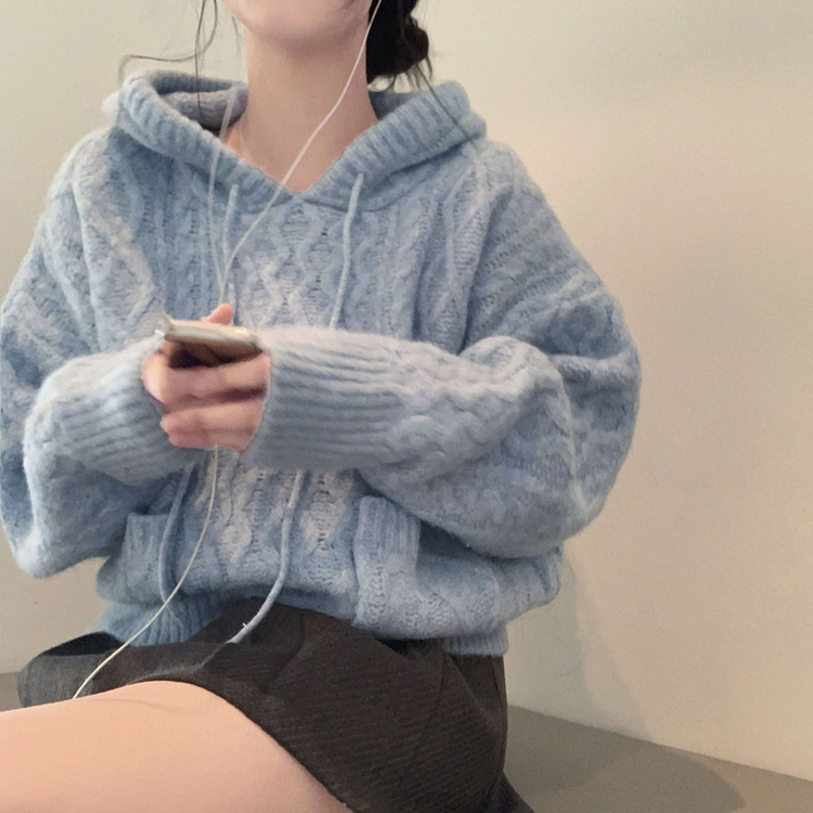 ケーブルルーズフードニット SKY BLUE