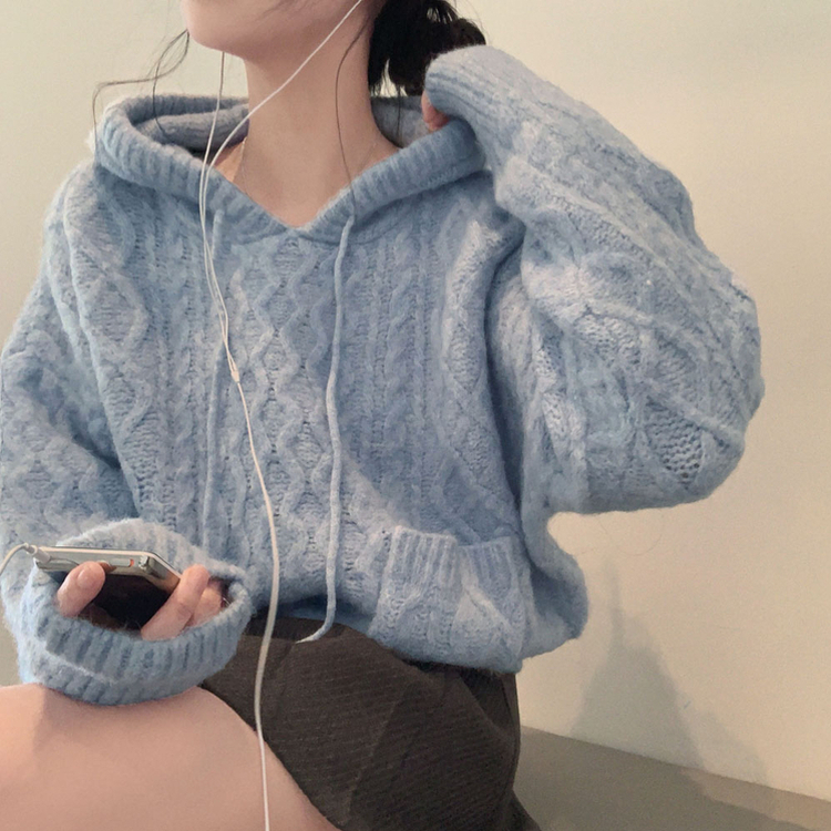 ケーブルルーズフードニット SKY BLUE