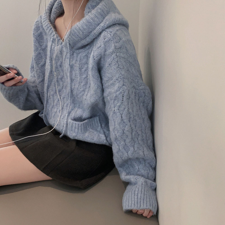 ケーブルルーズフードニット SKY BLUE