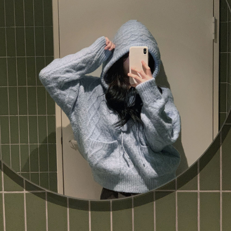 ケーブルルーズフードニット SKY BLUE