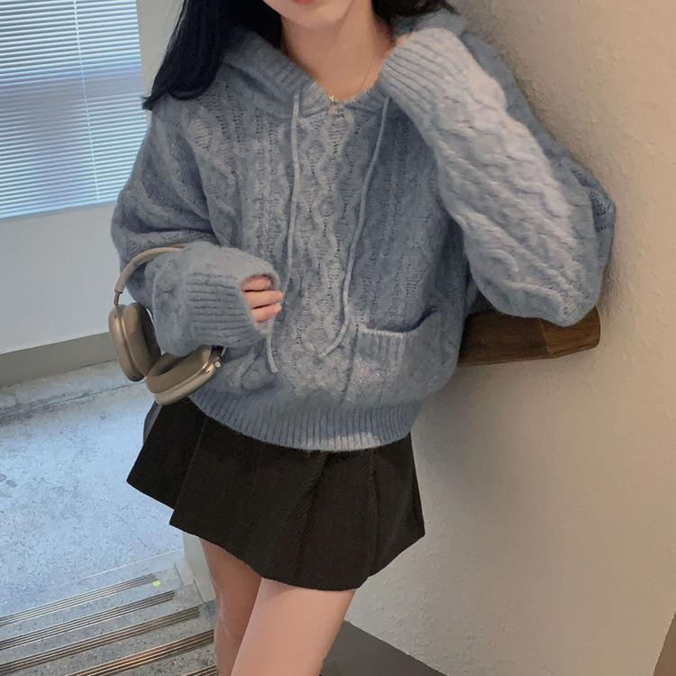 ケーブルルーズフードニット SKY BLUE