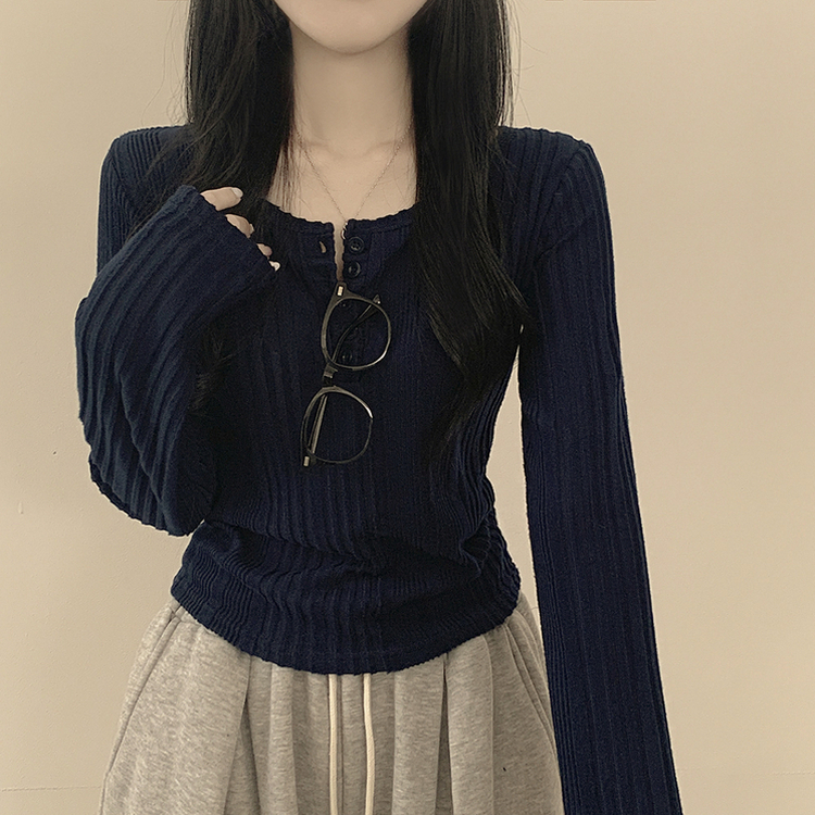 ボタンラウンドネックニット DARK BLUE