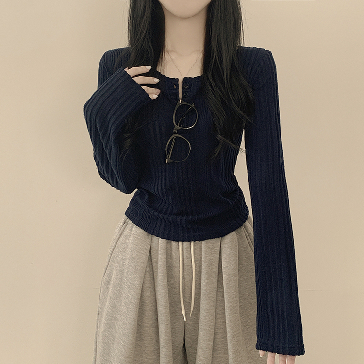 ボタンラウンドネックニット DARK BLUE