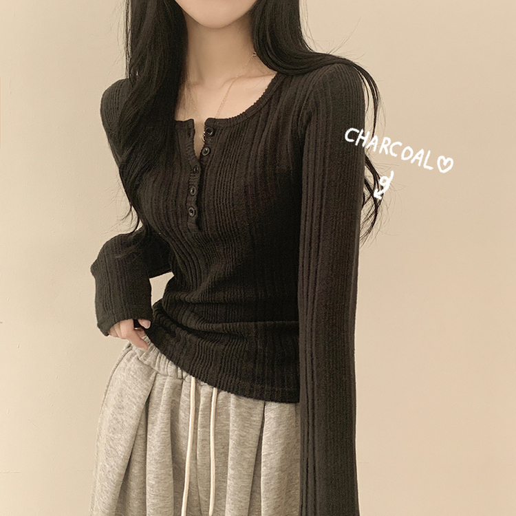 ボタンラウンドネックニット CHARCOAL
