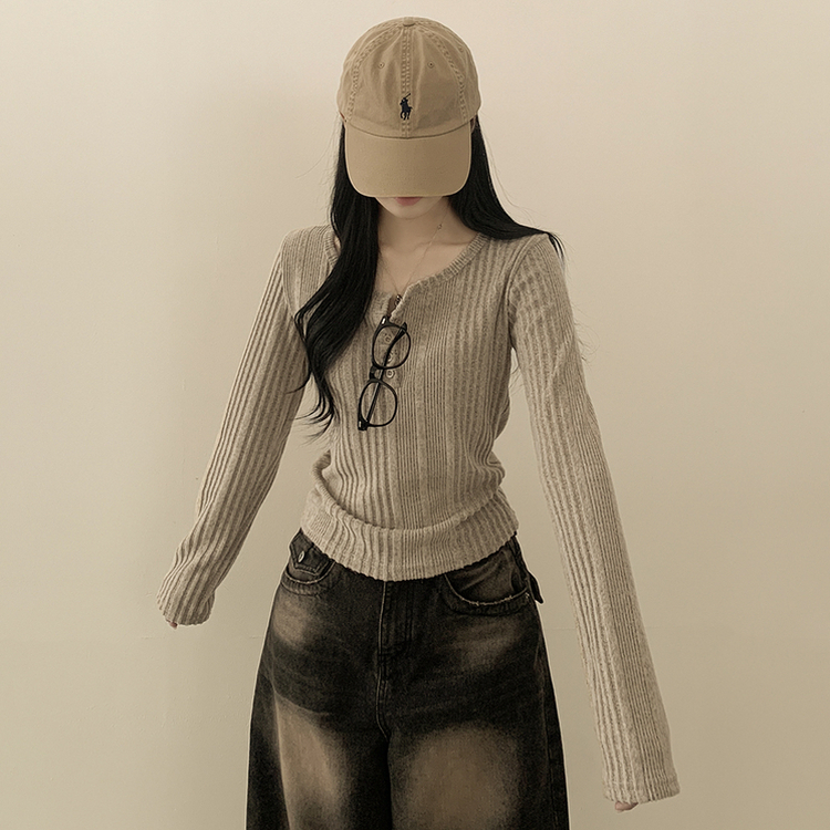 ボタンラウンドネックニット BEIGE