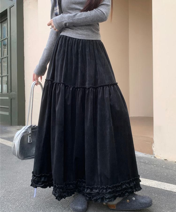 フリルレースロングスカート BLACK