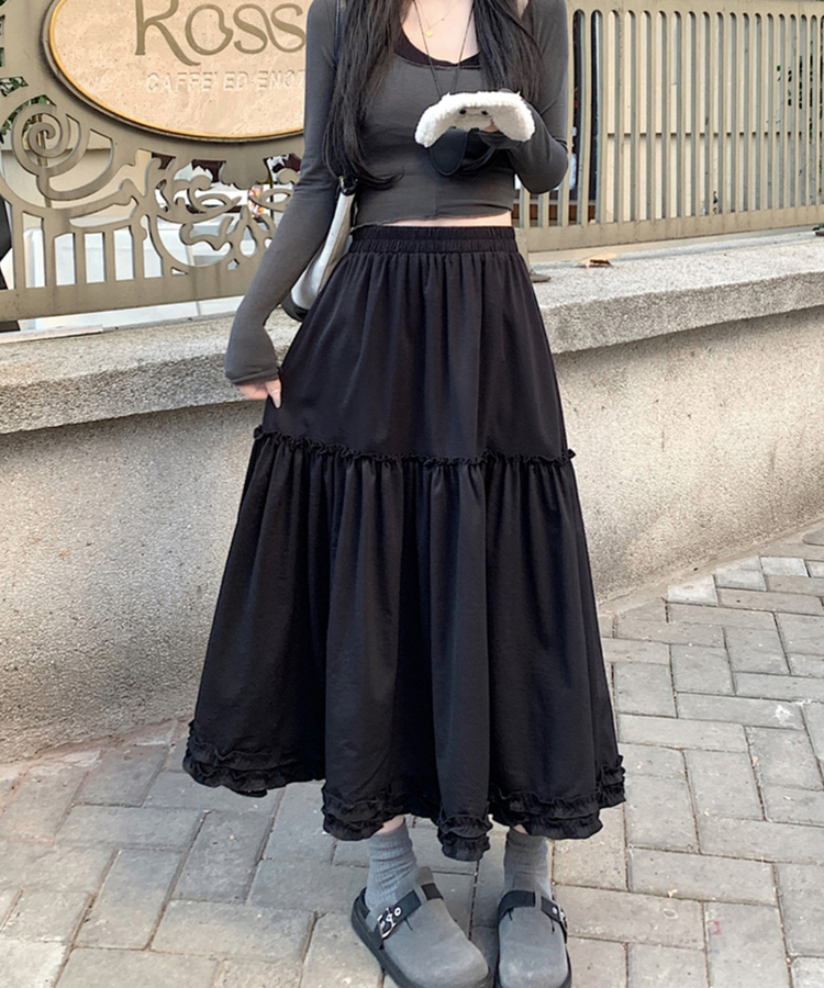 フリルレースロングスカート BLACK