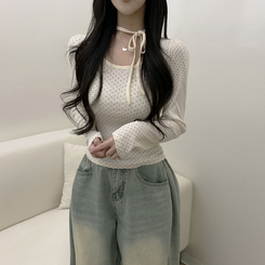 【タイ付き】ドットリボンストラップ長袖Tシャツ CREAM