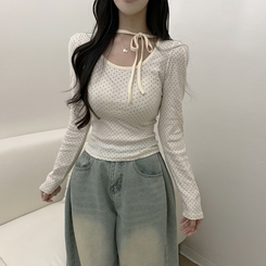 【タイ付き】ドットリボンストラップ長袖Tシャツ CREAM