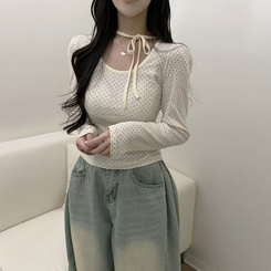 【タイ付き】ドットリボンストラップ長袖Tシャツ CREAM