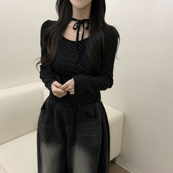 【タイ付き】ドットリボンストラップ長袖Tシャツ BLACK