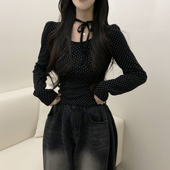 【タイ付き】ドットリボンストラップ長袖Tシャツ BLACK