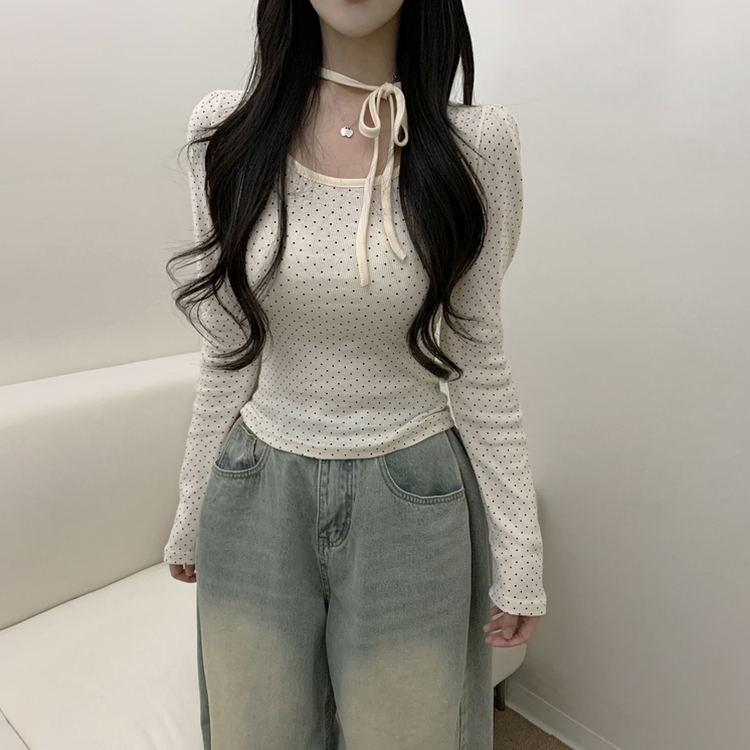 【タイ付き】ドットリボンストラップ長袖Tシャツ CREAM