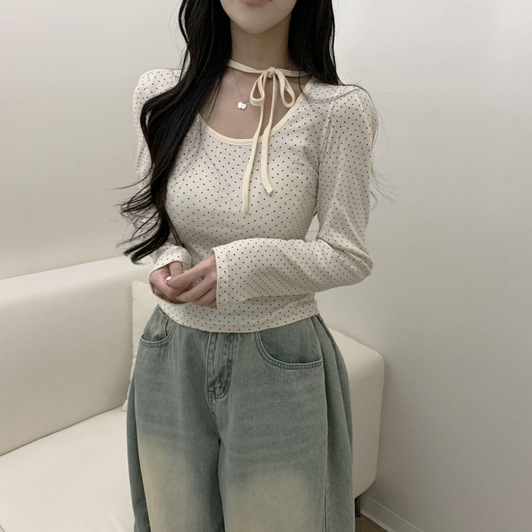 【タイ付き】ドットリボンストラップ長袖Tシャツ CREAM