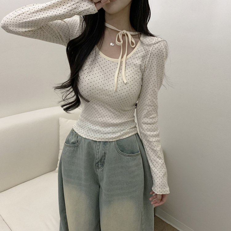 【タイ付き】ドットリボンストラップ長袖Tシャツ CREAM