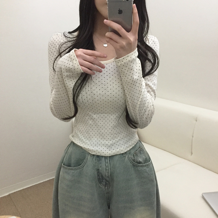 【タイ付き】ドットリボンストラップ長袖Tシャツ CREAM