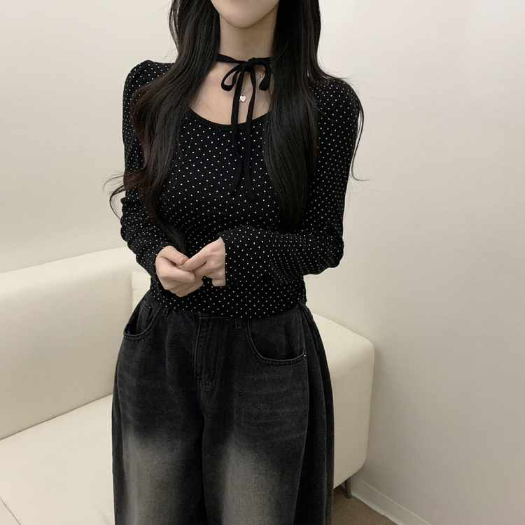 【タイ付き】ドットリボンストラップ長袖Tシャツ BLACK