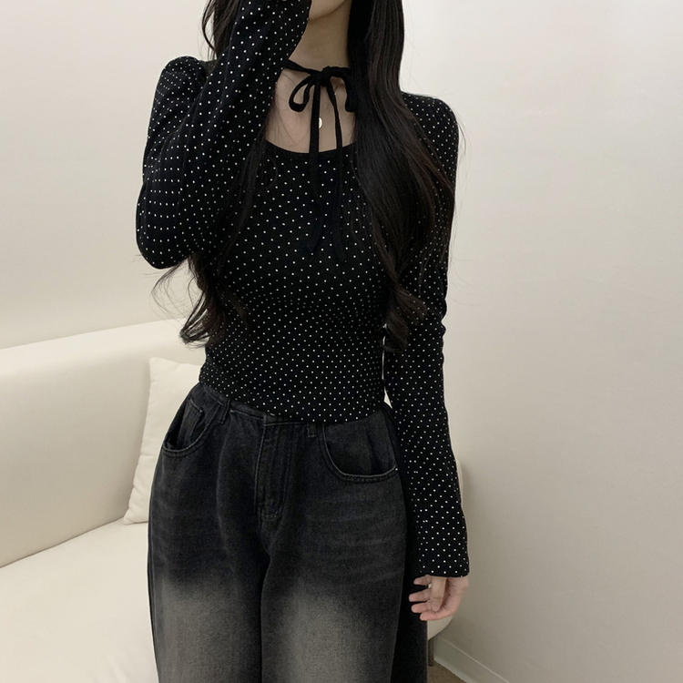 【タイ付き】ドットリボンストラップ長袖Tシャツ BLACK